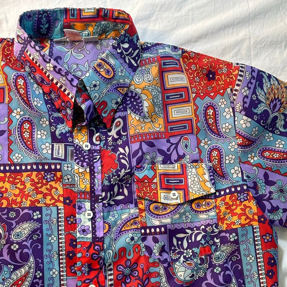 Vintage Large SKYR Long Sleeve Shirt Bright Floral Flower 70s Button Down Shirt
